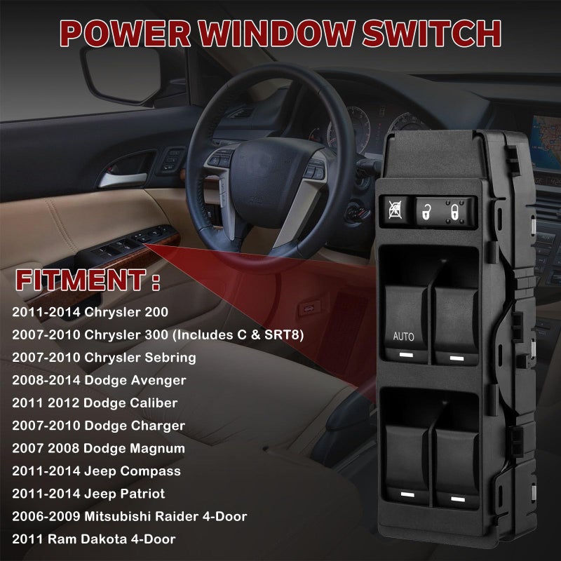 LCWRGS Master Power Window Switch Fits for Chrysler 200 300 Sebring, Dodge Avenger Caliber Charger Magnum, Jeep Compass Patriot, Front Left Driver Side with 1 Auto, 7+6 Pins, 4602780AA - Image 2